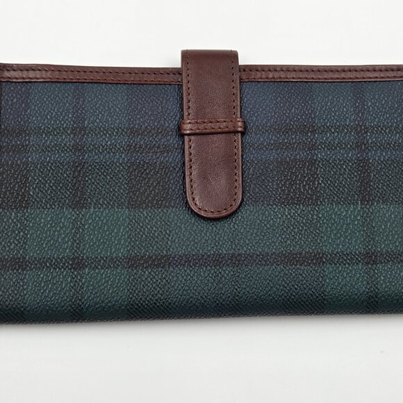 👛💚Polo Ralph Lauren Long Bifold Wallet Blackwatch Tartan Canvas Brown Leather - Picture 2 of 16